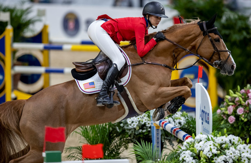 Foto: VENUE D’FEES DES HAZALLES E.O. (President x Alcatraz) en Eve Jobs, stars van de 11e manche van de Global Champions Tour in Hamburg (archieffoto Hippo Foto)